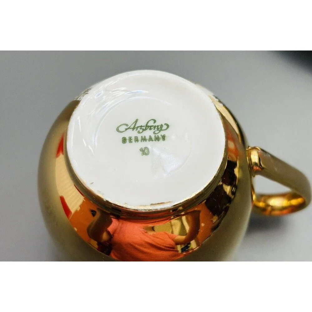 Vintage Arzberg Tea Cup Bavaria Germany Small Size Topographical Gold + Saucer